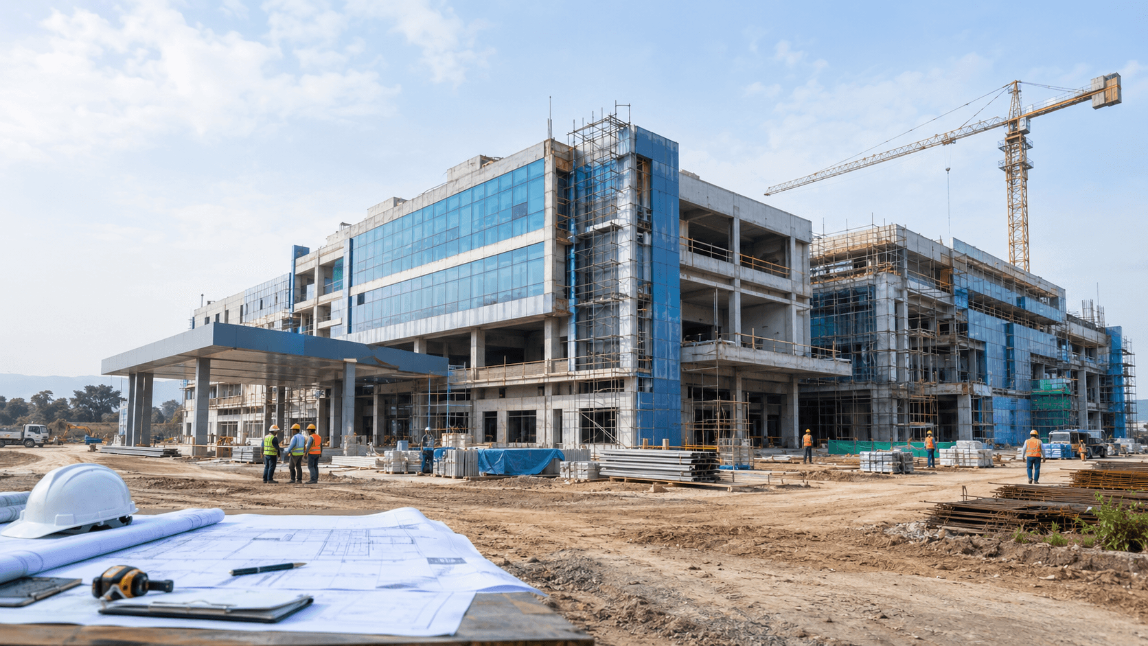 Modern hospital construction project during building development